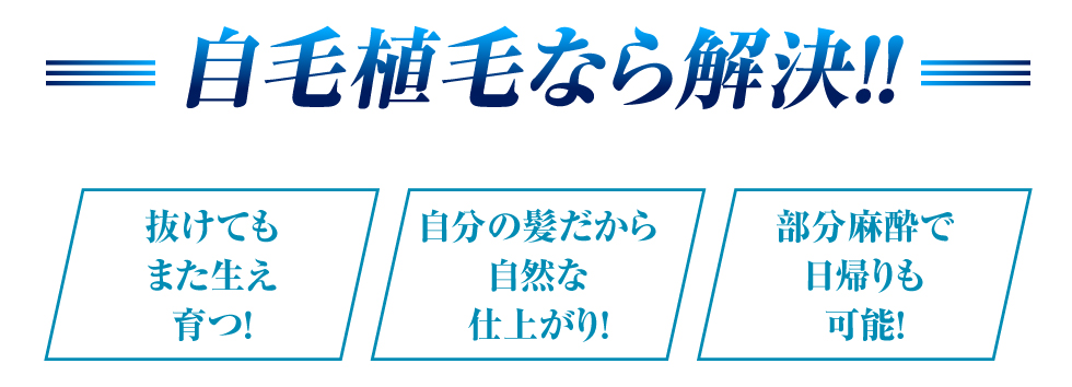 自毛植毛なら解決！！抜けてもまた生え育つ！自分の髪だから自然な仕上がり！部分麻酔で日帰りも可能！